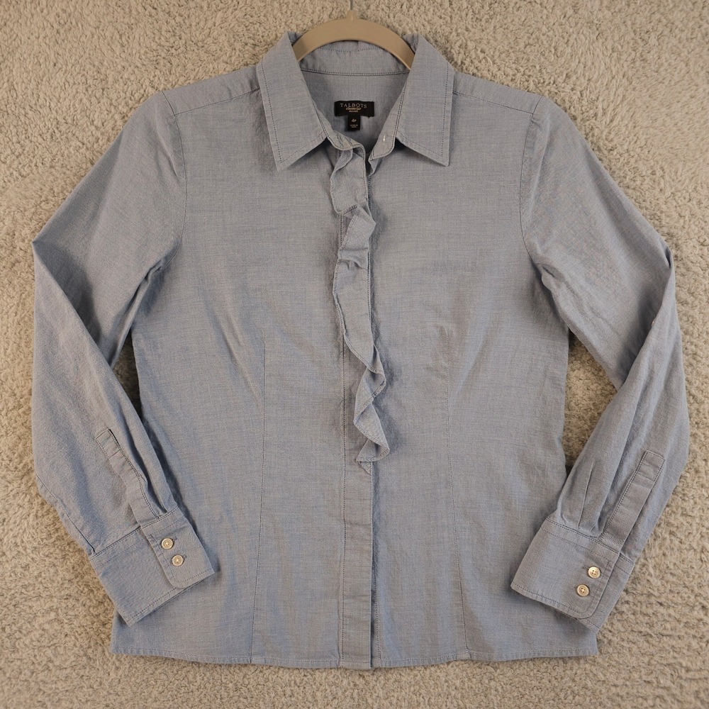 Talbots Shirt Womens 4P Petite Blue Chambray Ruffled Button Up Roll Tab Sleeve
